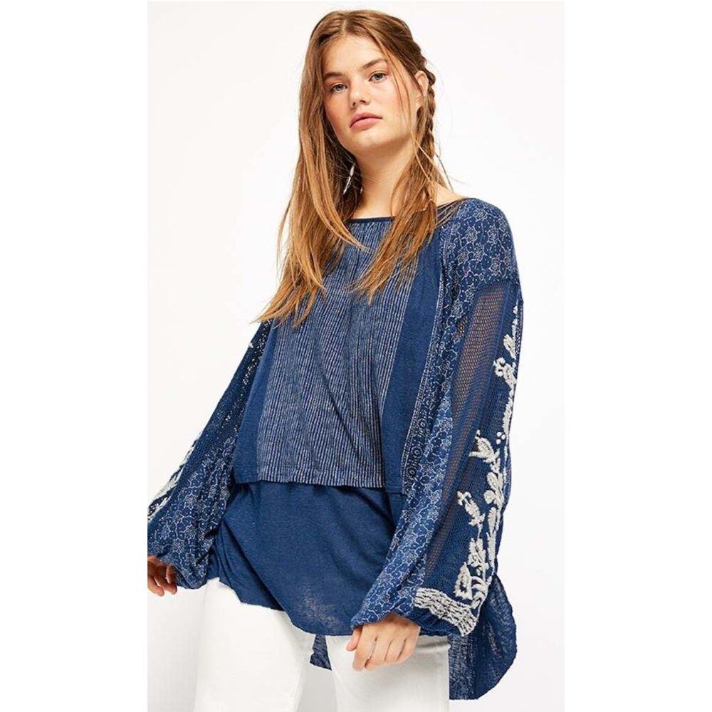 Free People Indigo Dreams Embroidered Tunic Top